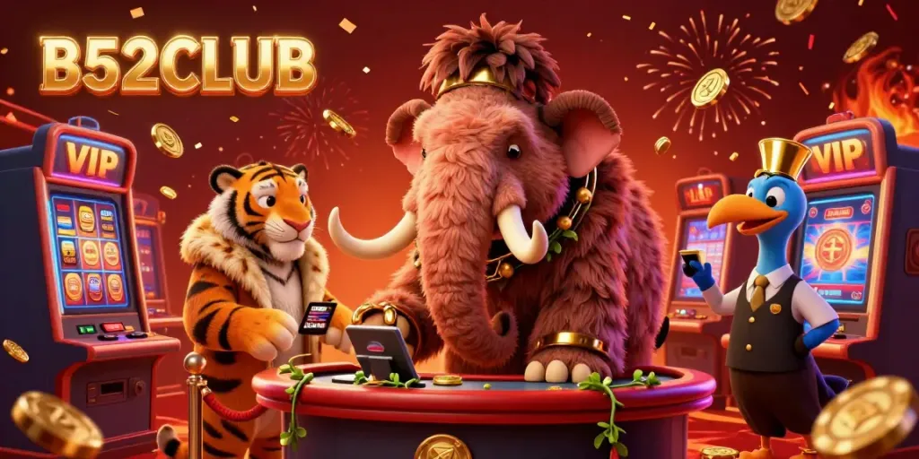 B52CLUB casino promotion with 3D characters celebrating in a vibrant illustration.