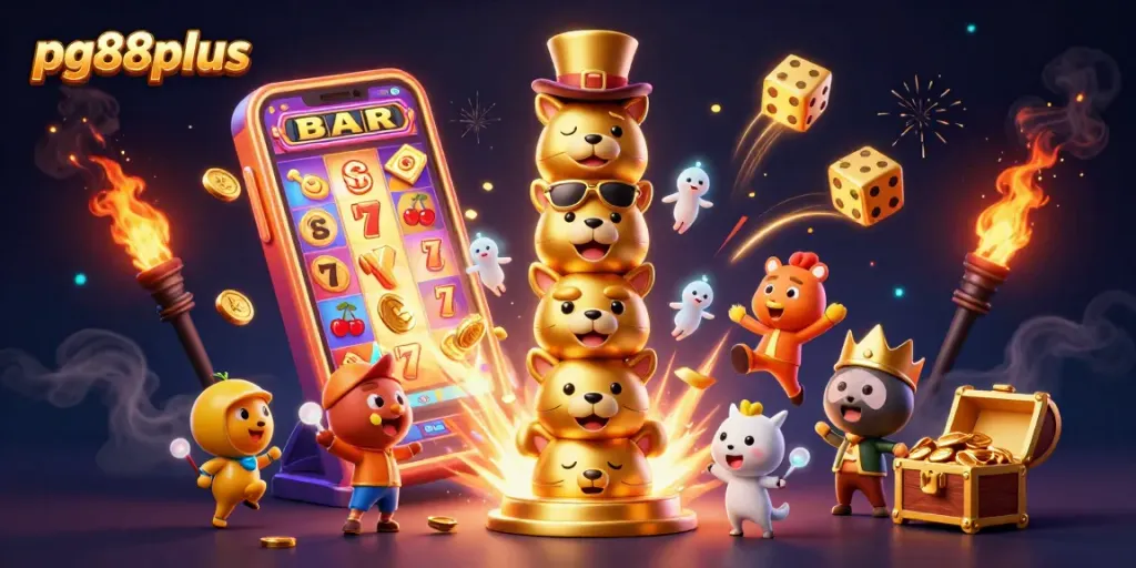 Spin the reels with pg88plus at this vibrant illustration highlighting the thrilling casino experience.