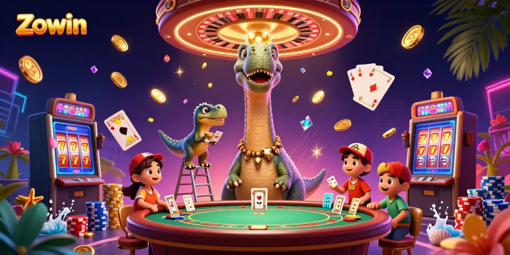 Zowin's dynamic casino scene showcases a towering brontosaurus and a clever raptor dealing cards.