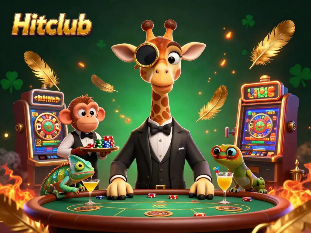 Hitclub's high-roller giraffe enjoying a VIP poker game amidst golden coins and gaming excitement