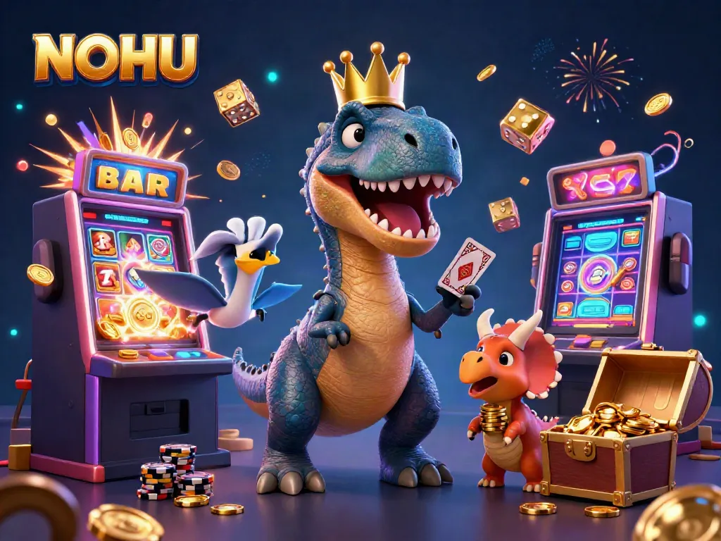 NOHU casino illustration featuring T-Rex shuffling cards with pterodactyl and triceratops, surrounded by vibrant slot machines.