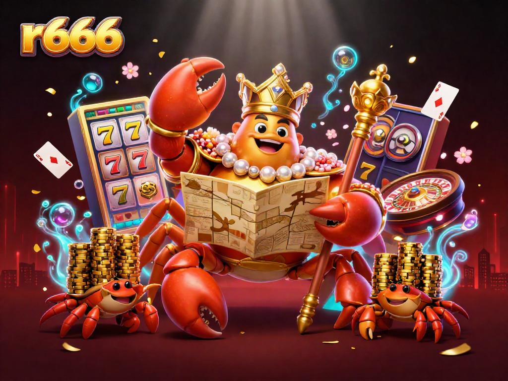 Engage with the exciting games at r 666 featuring a golden crab emperor and dynamic casino elements.