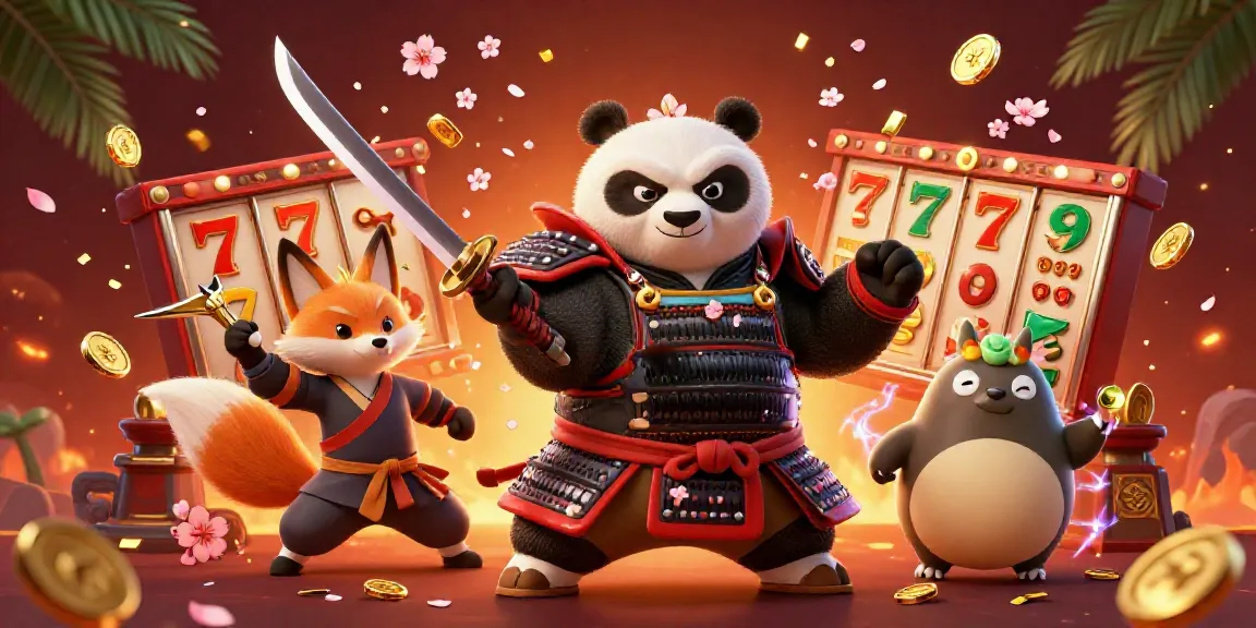 Engage with thrilling plays at lv88, featuring a samurai panda and a ninja fox amidst dynamic casino elements.