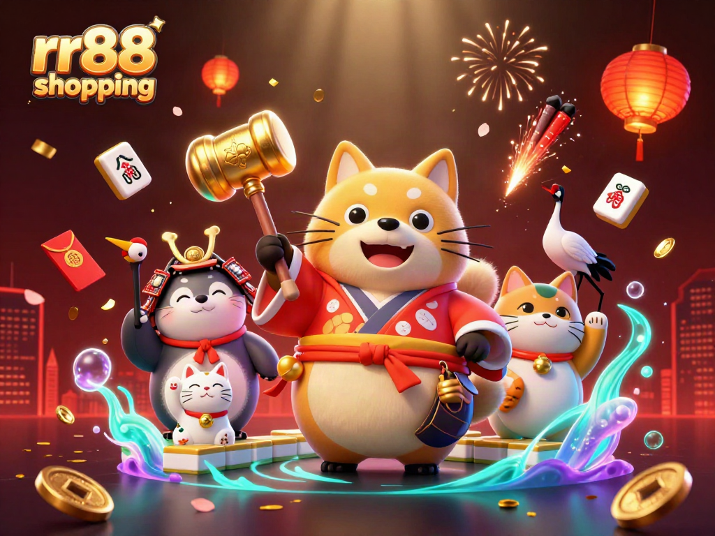 Engage with exciting games at rr88 shopping, featuring vibrant 3D casino characters and festive elements.