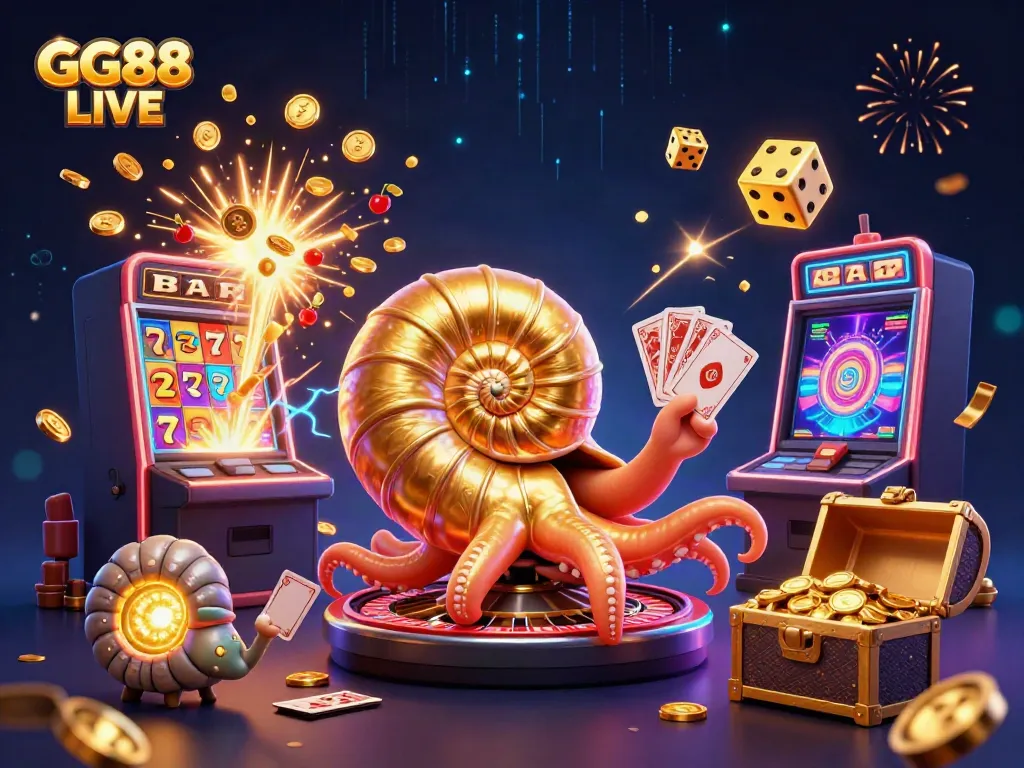 Experience exhilarating moments at GG88 LIVE with a giant nautilus dealer managing cards amidst vibrant casino games.