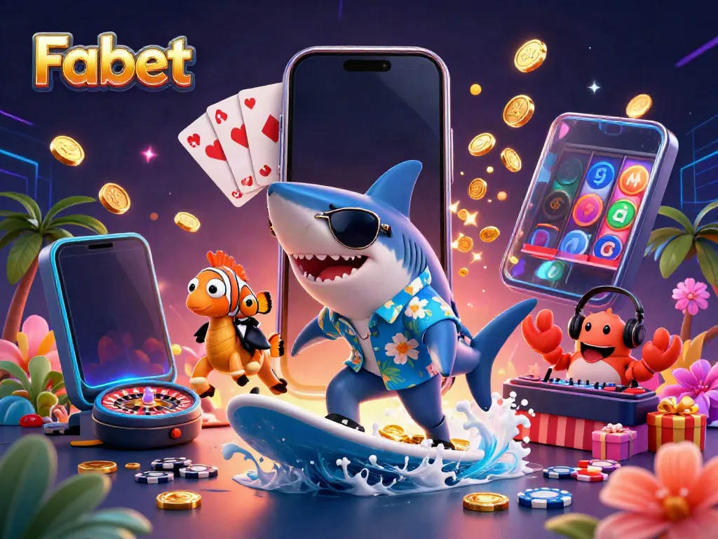 Experience the excitement of Fabet with this vibrant scene featuring a playful shark and colorful casino elements.