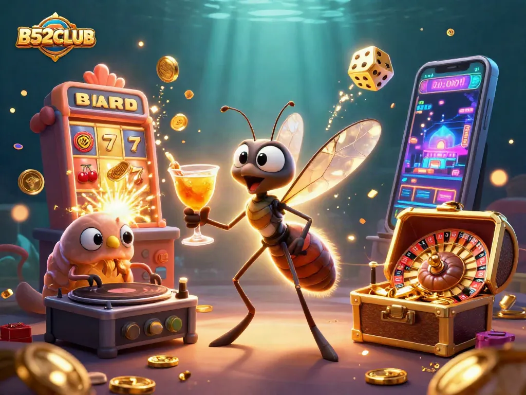 B52CLUB’s dynamic casino illustration with a frozen mosquito mascot, trilobite DJ, and golden roulette wheel.