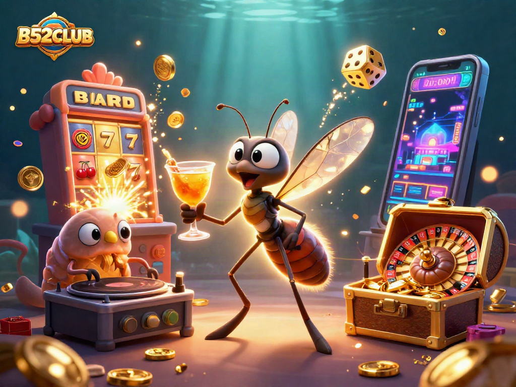 B52CLUB’s dynamic casino illustration with a frozen mosquito mascot, trilobite DJ, and golden roulette wheel.