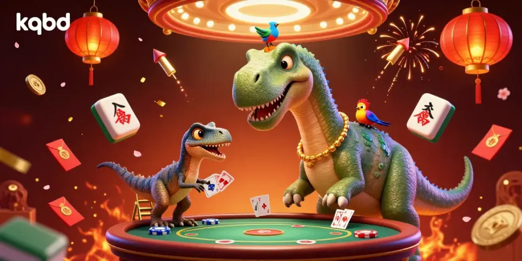 Experience the bustling atmosphere of kqbd with a giant brontosaurus at a casino poker table, enhanced by vibrant gaming elements.