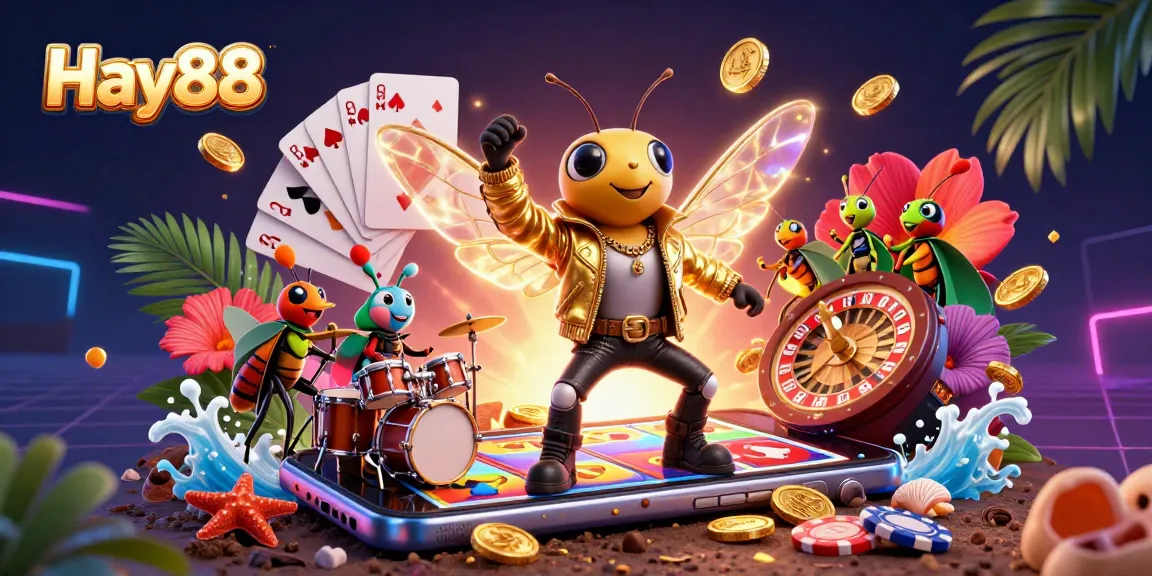 Experience thrilling gaming with Hay88's dynamic 3D casino scene featuring vibrant slots and characters.