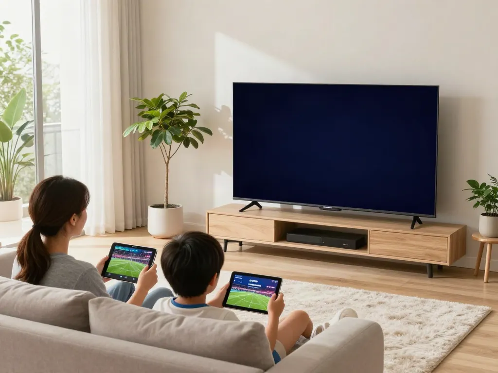 Miglior IPTV family scene with parents and children streaming sports together in a cozy living room.