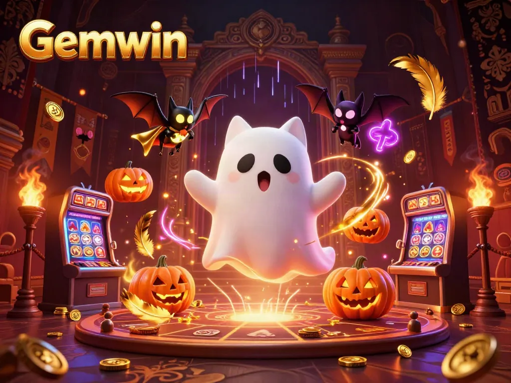 Play immersive Gemwin casino experience with a playful ghost cat, vampire bat, and glowing pumpkins.