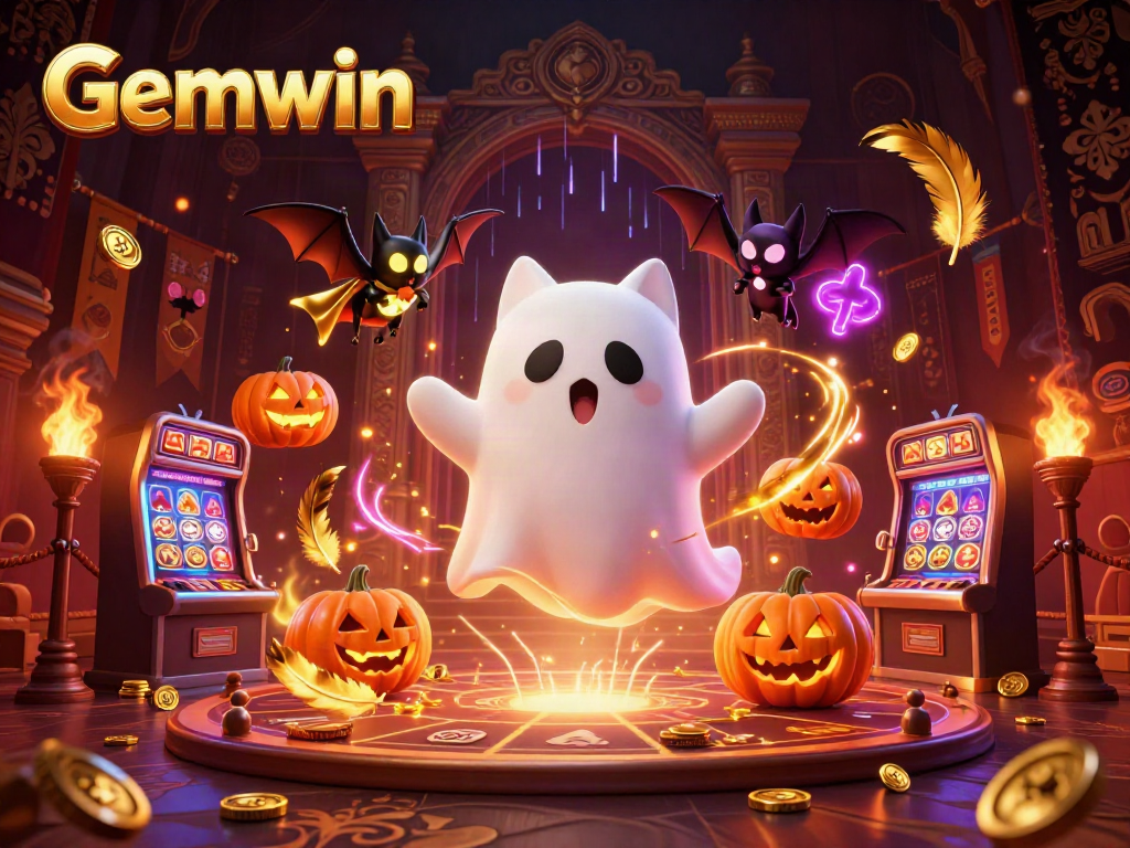 Play immersive Gemwin casino experience with a playful ghost cat, vampire bat, and glowing pumpkins.