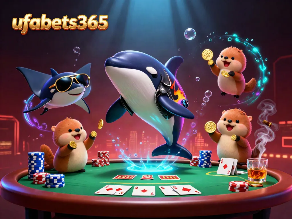Engage with ufabets365's thrilling action as the orca and friends celebrate by a vibrant poker table.