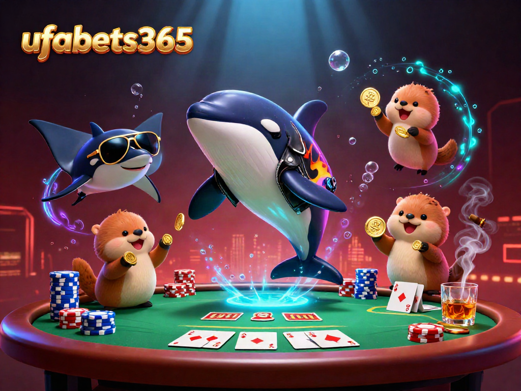 Engage with ufabets365's thrilling action as the orca and friends celebrate by a vibrant poker table.