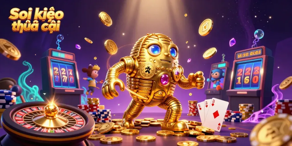 Soi kèo nhà cái illustration with a 3D golden golem surrounded by casino elements like coins and cards.