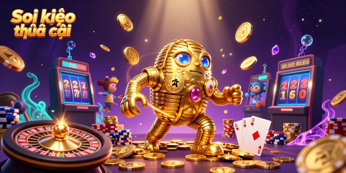 Soi kèo nhà cái illustration with a 3D golden golem surrounded by casino elements like coins and cards.