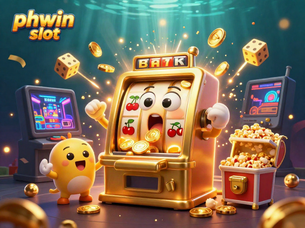 Experience the excitement of phwin slot with a golden slot machine celebrating its jackpot, surrounded by cheering baby machines and golden confetti.