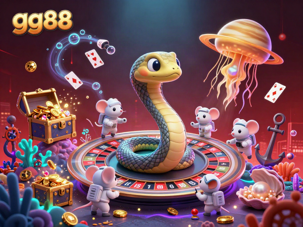 Engaging scene of gg88 with a Saturn snake roulette, astronauts betting, and a golden jellyfish dealer in a vibrant underwater casino.