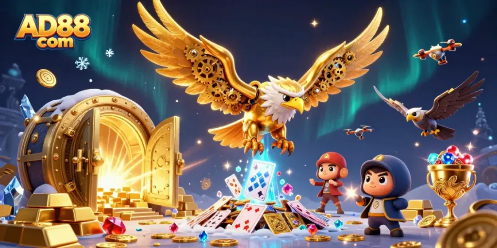Experience online gaming excitement at AD88 com with thrilling visuals of a golden eagle and radiant treasures