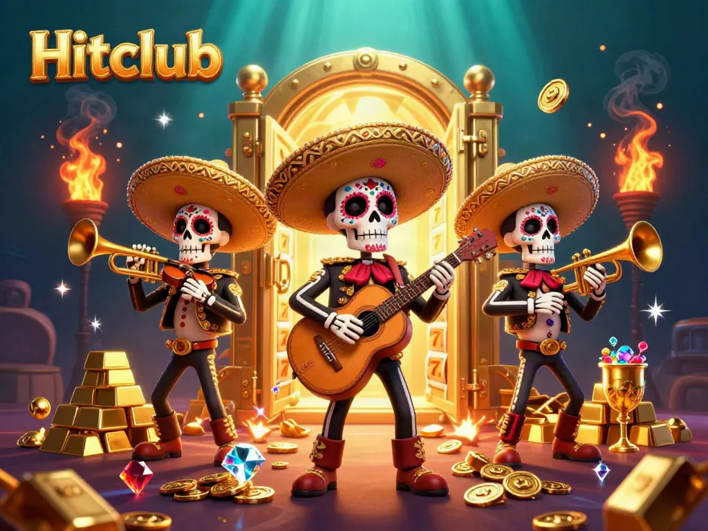 Hitclub showcases a vibrant scene with mariachi skeletons among colorful slots and treasures.