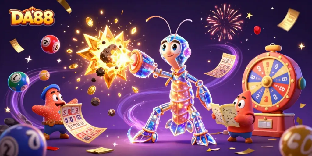 Engage with DA88's exciting casino atmosphere featuring vibrant lottery elements and dynamic characters