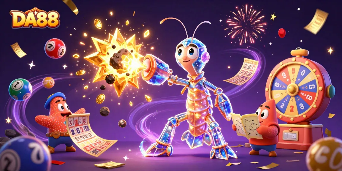 Engage with DA88's exciting casino atmosphere featuring vibrant lottery elements and dynamic characters
