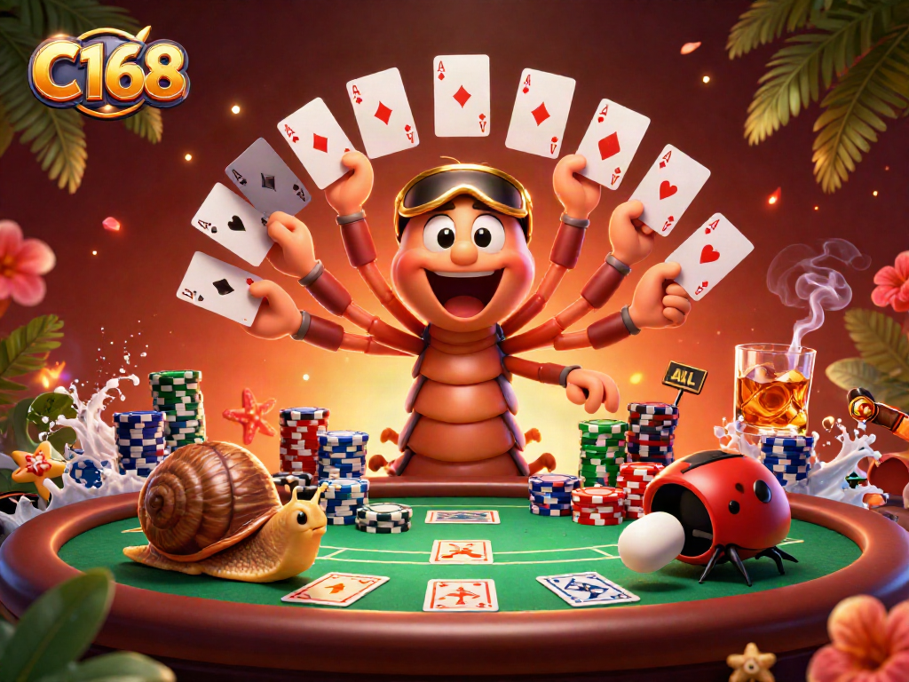 Play poker with C168 characters like a lively millipede dealer and a high-roller snail.