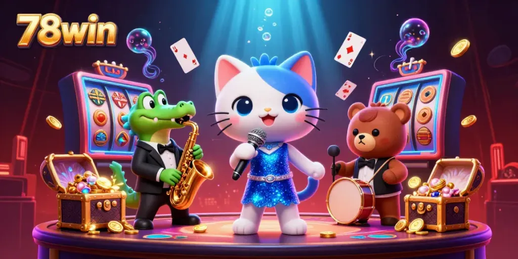 Experience the vibrant world of 78win with playful characters and dynamic casino elements.