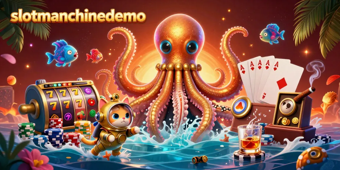 Experience the slotmachinedemo with a colossal kraken and diving cat in a vibrant casino-themed scene filled with colorful slot elements.