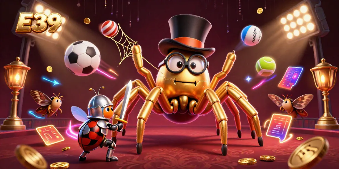 Engaging E39 casino illustration featuring a golden tarantula and beetle knight immersed in vibrant sports betting elements