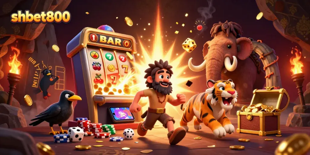Experience jackpots at shbet800 with a dynamic scene of prehistoric casino action and vibrant game elements.
