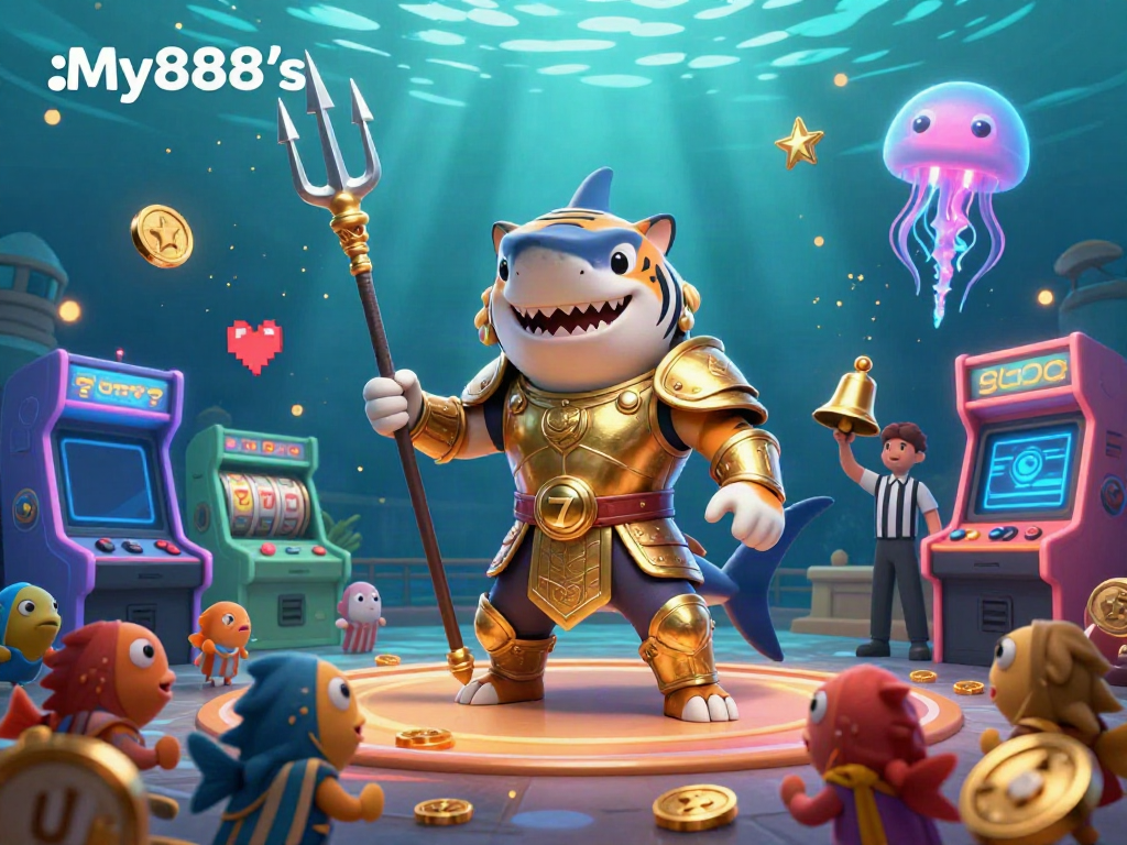 MY888 showcases a vibrant underwater colosseum with a tiger shark in armor, arcade game machines, and festive small fish cheering.