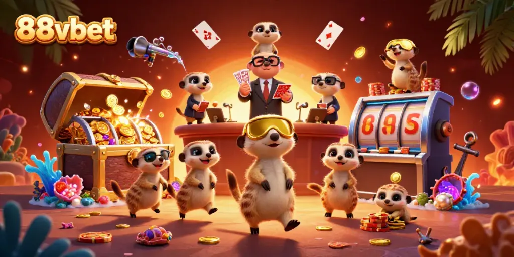 Engage in thrilling gameplay with 88vbet's meerkat-themed casino scene featuring characters and vibrant game elements.