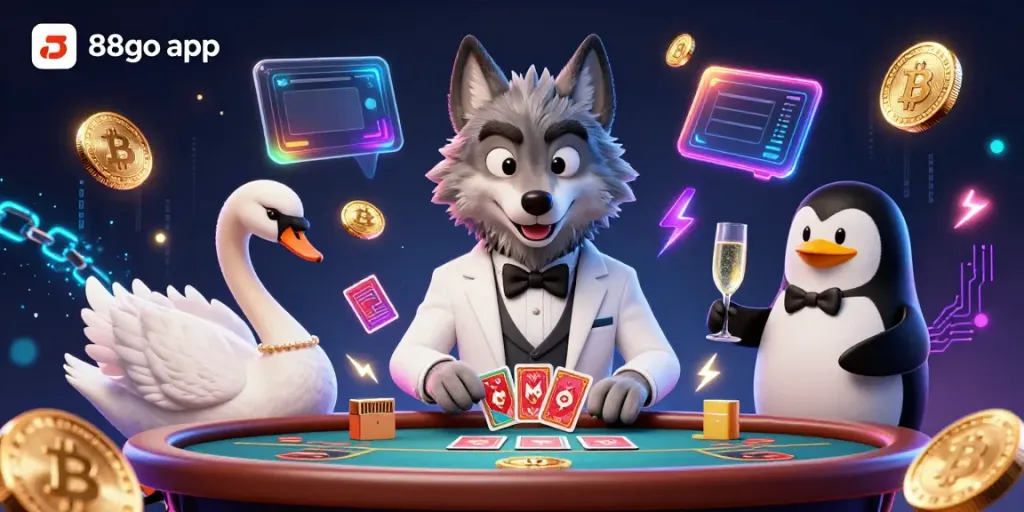 Experience the excitement of the 88go app with a lively casino scene featuring animated characters and vibrant elements.