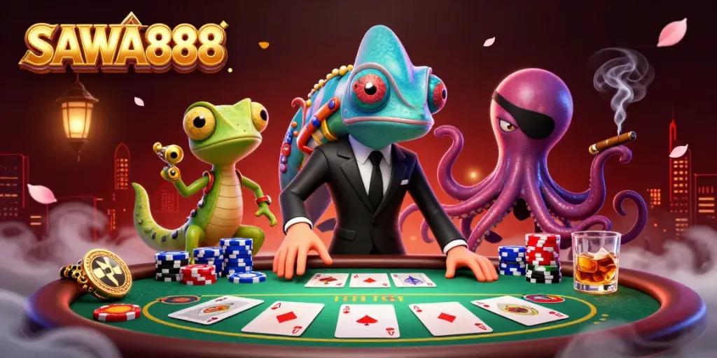 Experience the thrilling action of SAWA888 with a dramatic poker showdown featuring colorful chips and 3D characters.