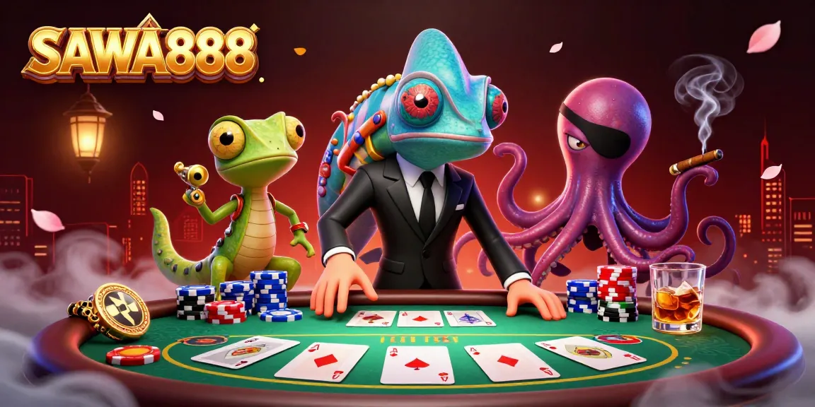 Experience the thrilling action of SAWA888 with a dramatic poker showdown featuring colorful chips and 3D characters.