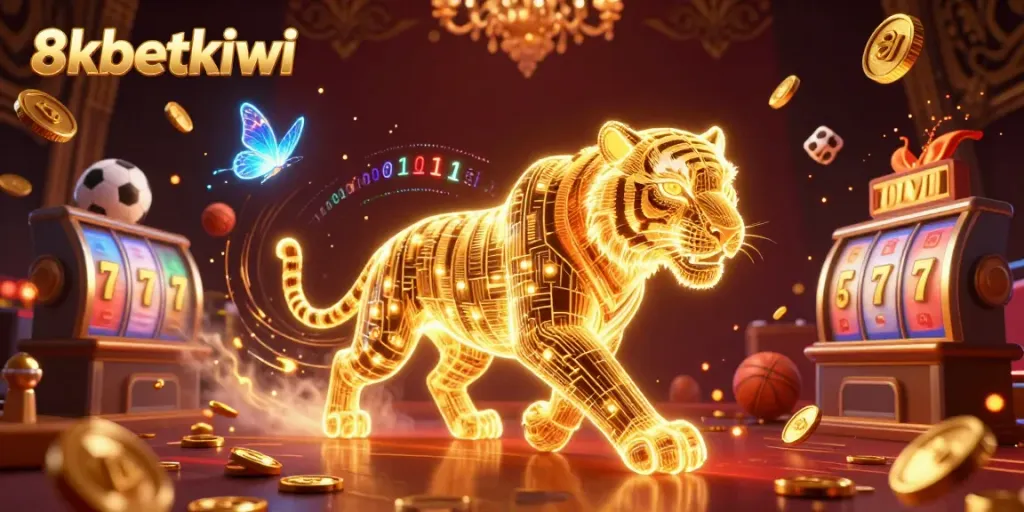 Experience high-stakes gaming at 8xbetkiwi, featuring a neon tiger and dynamic casino elements.