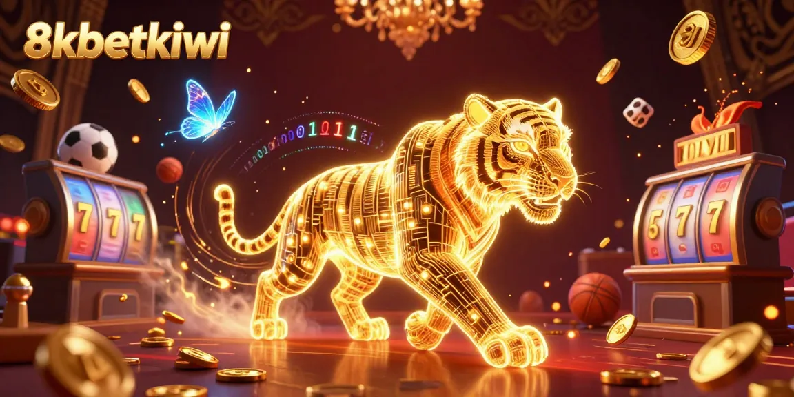 Experience high-stakes gaming at 8xbetkiwi, featuring a neon tiger and dynamic casino elements.