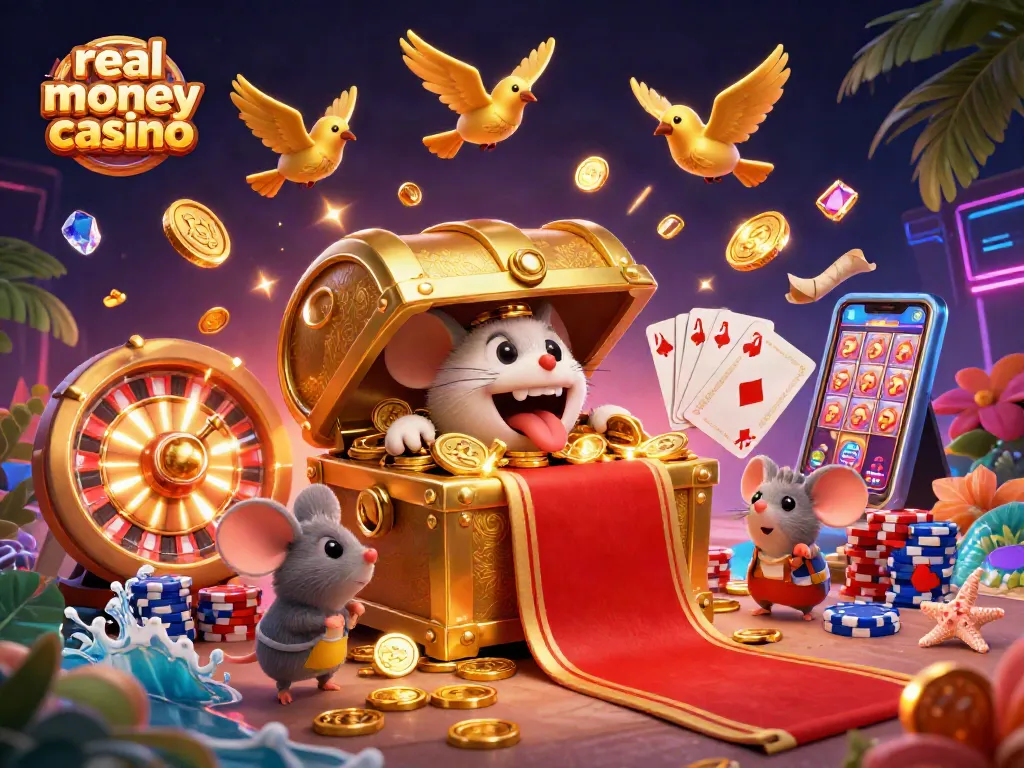 Engage with real money casino gameplay featuring treasure chests, vibrant game elements, and lucky symbols.