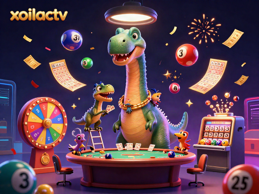 Engage with xoilactv as a clever raptor deals cards beneath a towering brontosaurus in a lively casino.