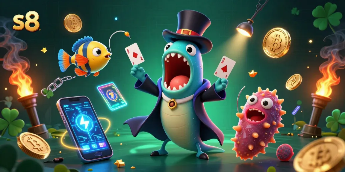 Experience magic with s8 as deep-sea characters perform card tricks amidst crypto elements.