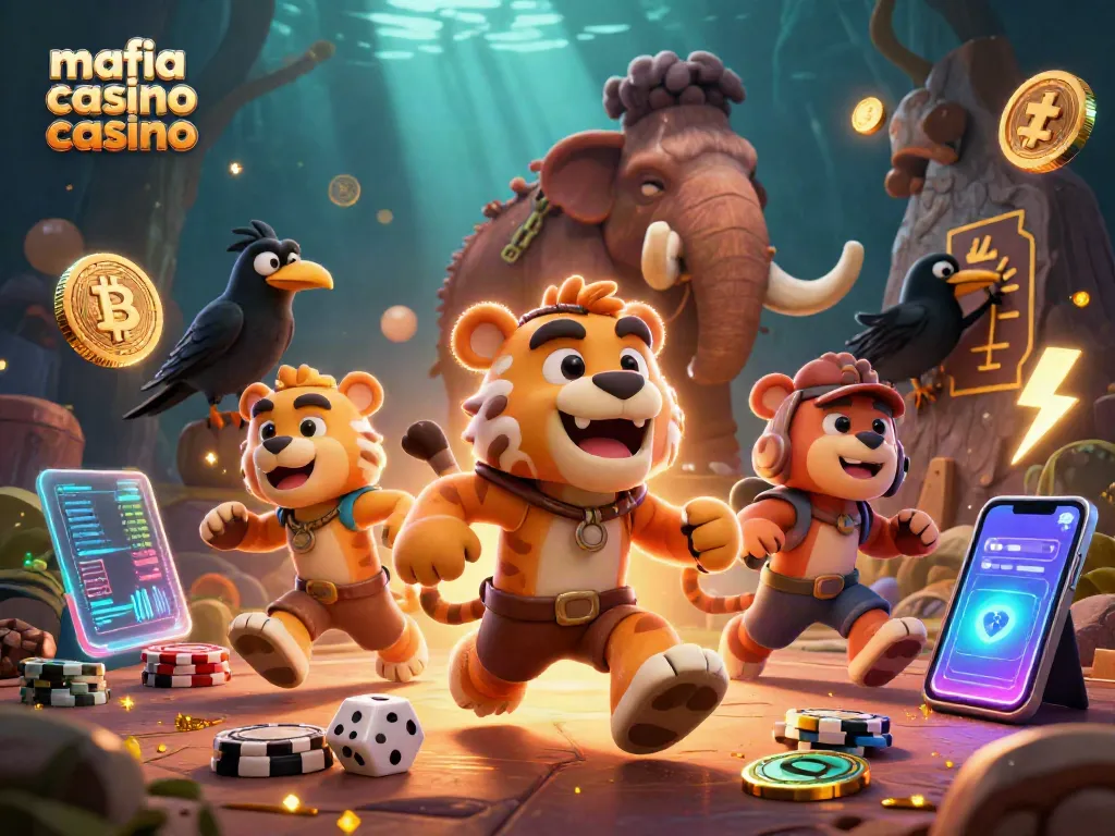 Experience thrilling gameplay at mafia casino casino with 3D characters, vibrant colors, and cryptocurrency elements.