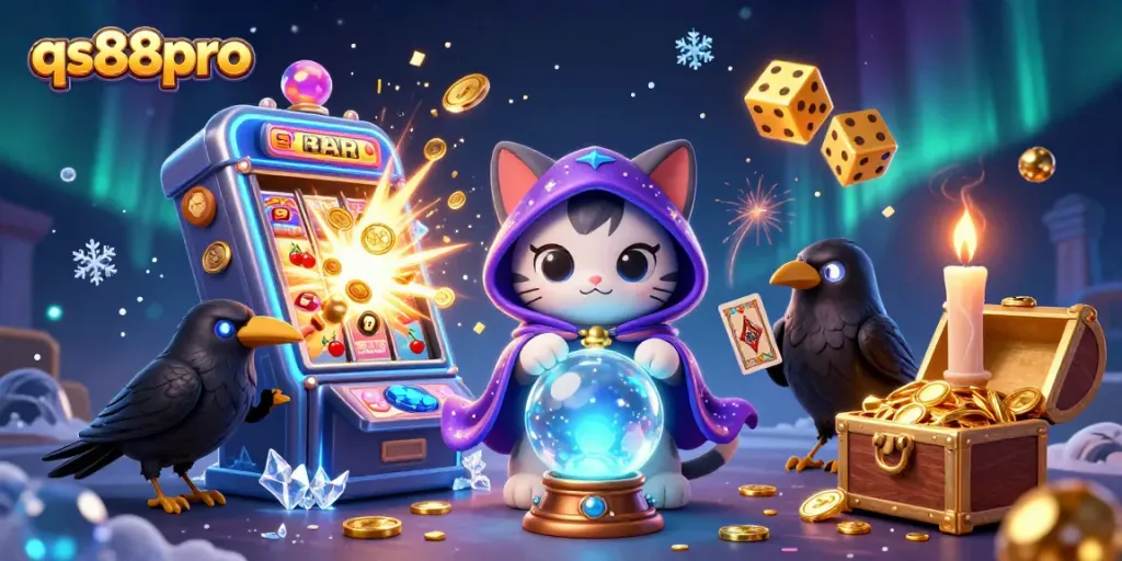 Engage with qs88pro in an immersive casino experience featuring a mystical cat and raven