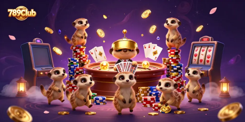 Experience the thrill at 789Club with animated meerkats running a vibrant casino scene.