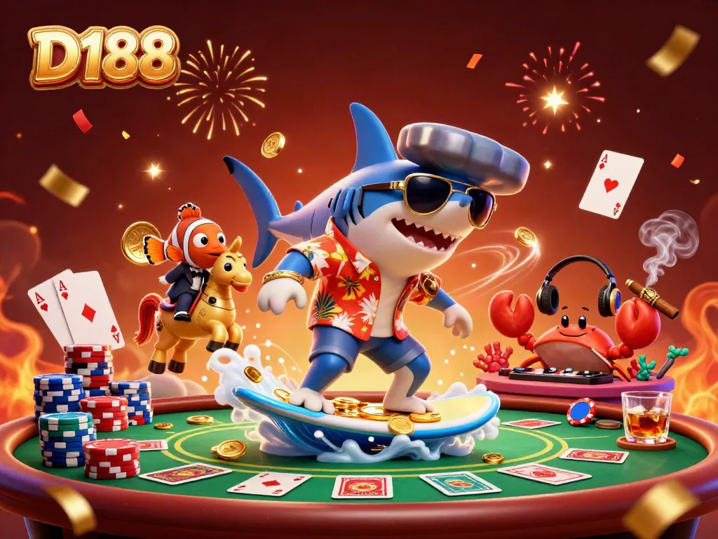 D188 showcases a vibrant scene with a shark surfing on gold coins, engaging in a thrilling poker game.