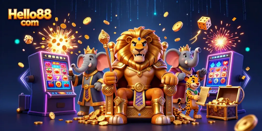 Experience the exciting world of Hello88 com with a lion king, elephant advisor, and cheetah messenger in a vibrant casino illustration.