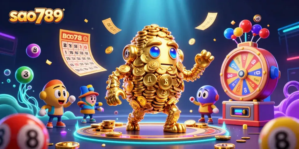 Engage with sao789’s dynamic gameplay featuring a golden golem and vibrant lottery elements.