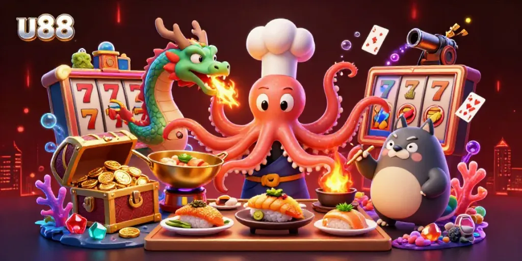 Engage with thrilling gaming action at u88, featuring a lively octopus chef and unique casino elements.