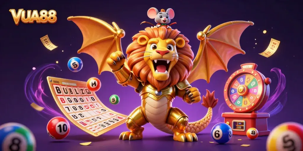 VUA88 showcases an exhilarating 3D casino scene with vibrant lottery balls and dynamic elements.